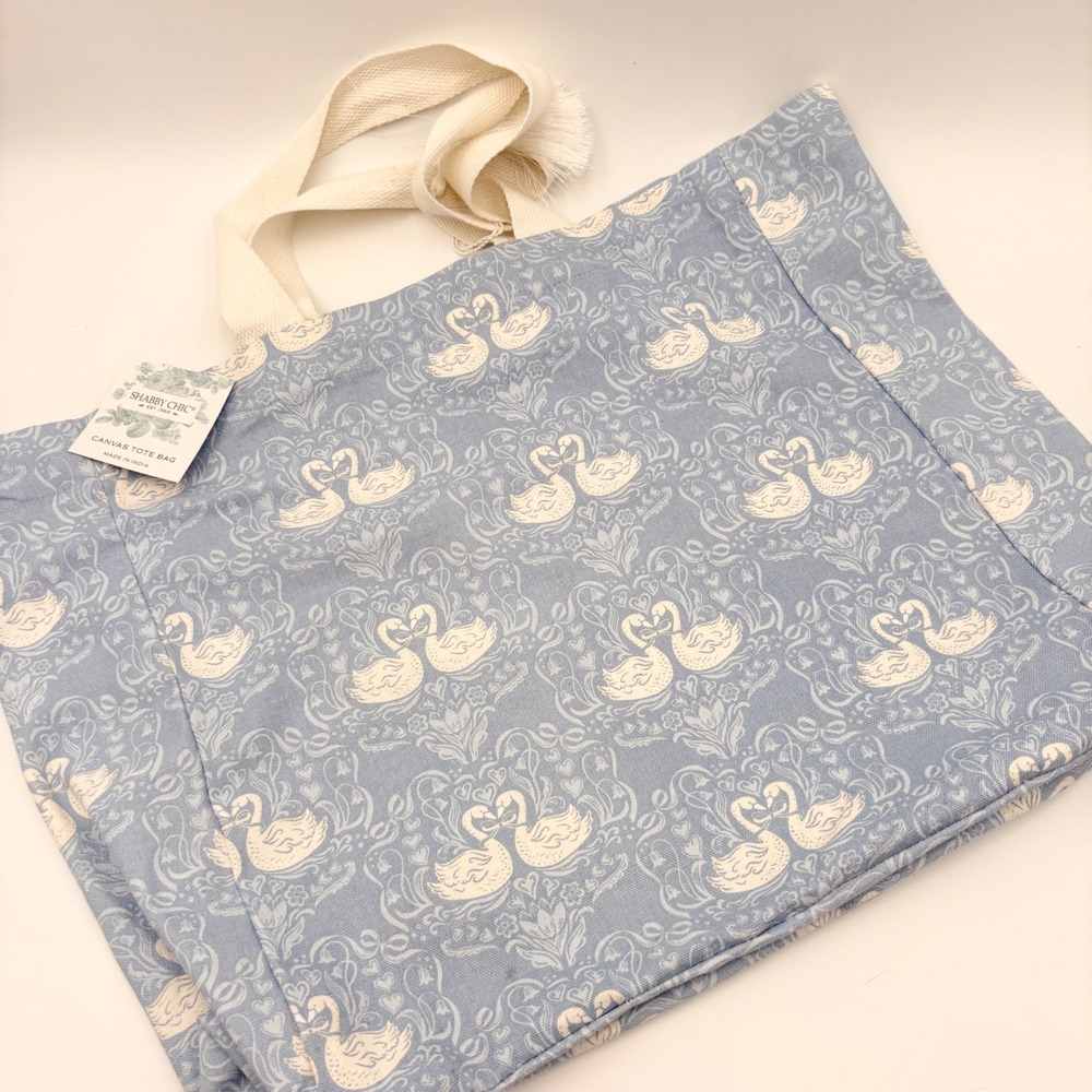 Shabby Chic Blue White Swan Damask Canvas Tote Bag Tassel Romantic Cottagecore